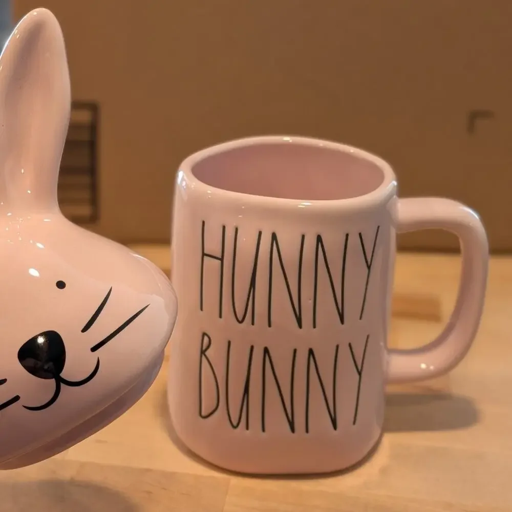 Rae Dunn Magenta Hunny Bunny Pastel Pink Ceramic Coffee Tea Mug Bunny Ears Lid